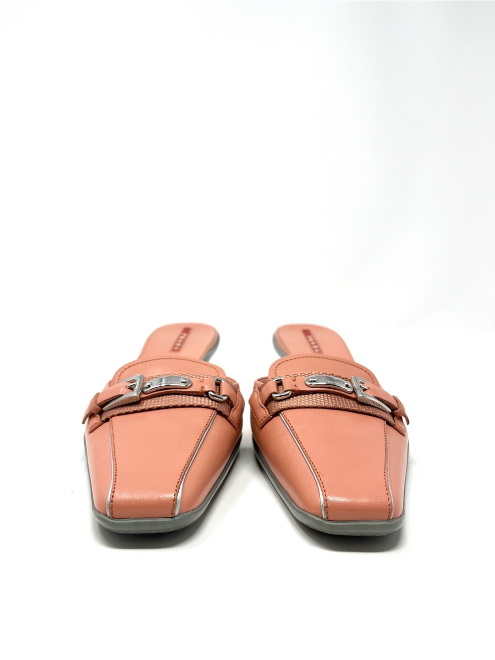 Vintage Prada Y2K Pink Coral Peach Leather Logo Buckle Mules Kitten Heels 37 7 - Picture 5 of 12